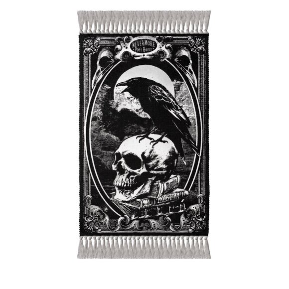 Black White Tasselled Hand Woven 38" X 20" Poe's Raven Area Rug NEW - Picture 1 of 2